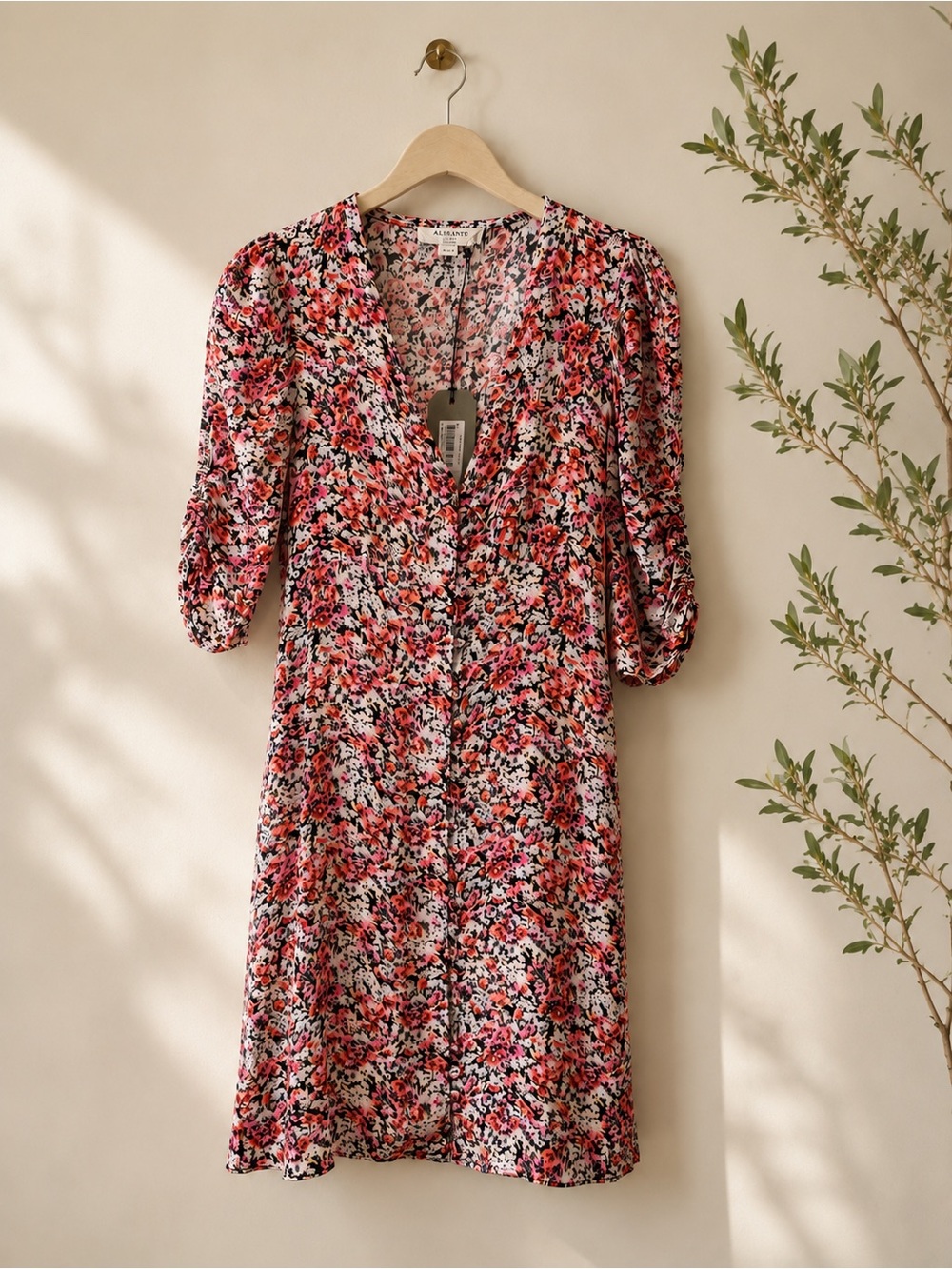 NWT AllSaints Malie Wilde Floral Midi Dress Pink Blue Button Front Small